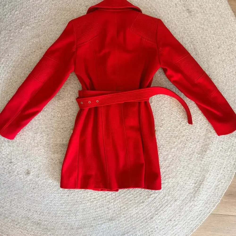Michael Kors Red Asymmetrical Belted Wool Blend Peacoat with Gold Hardware